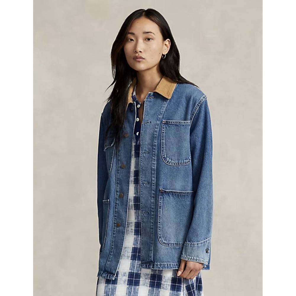Polo by Ralph Lauren Blue Denim Utility Jacket with Tan Corduroy Collar